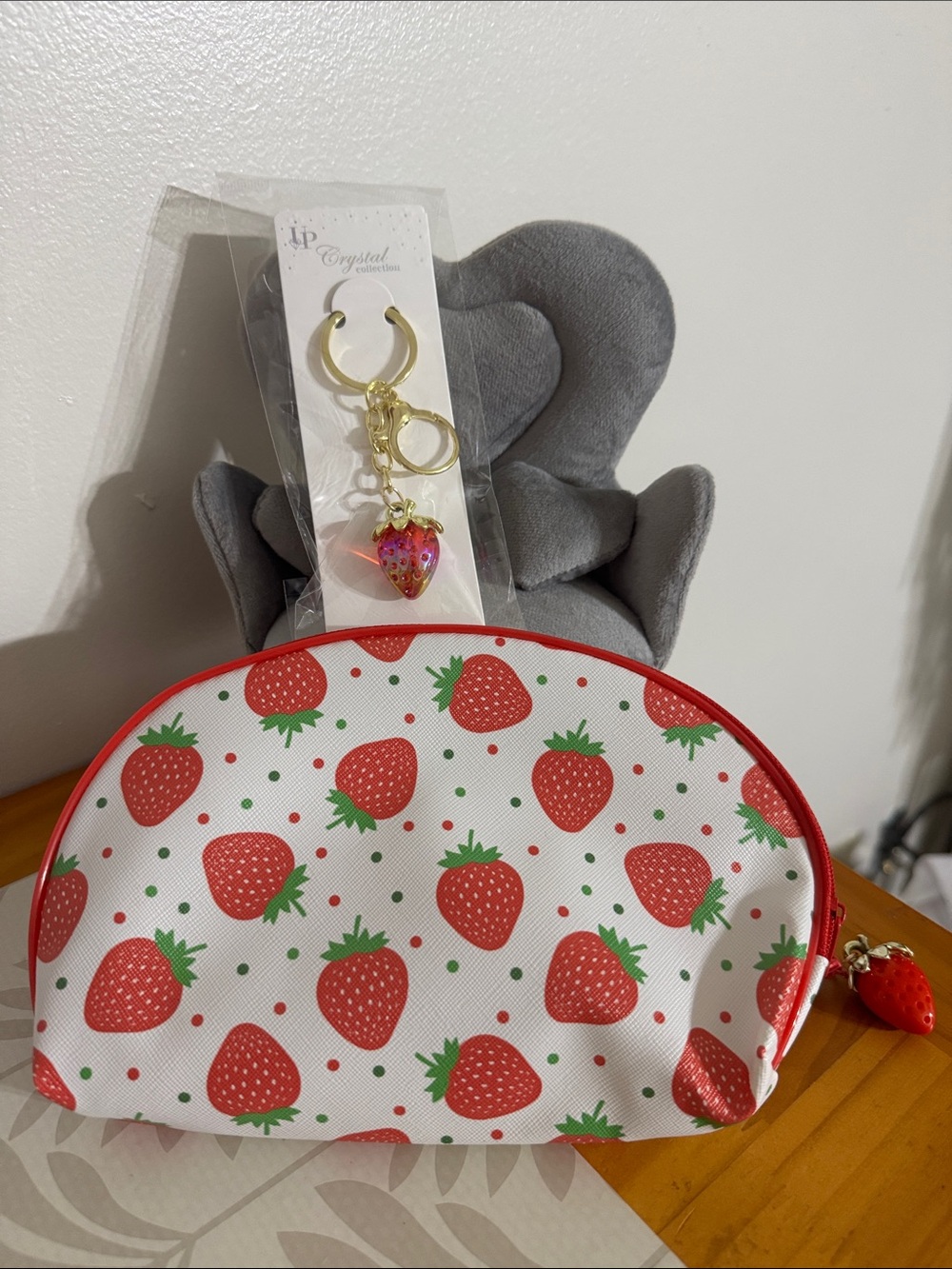 Strawberry Print Cosmetic Pouch - White & Red Plus Keychain/Bag Charm